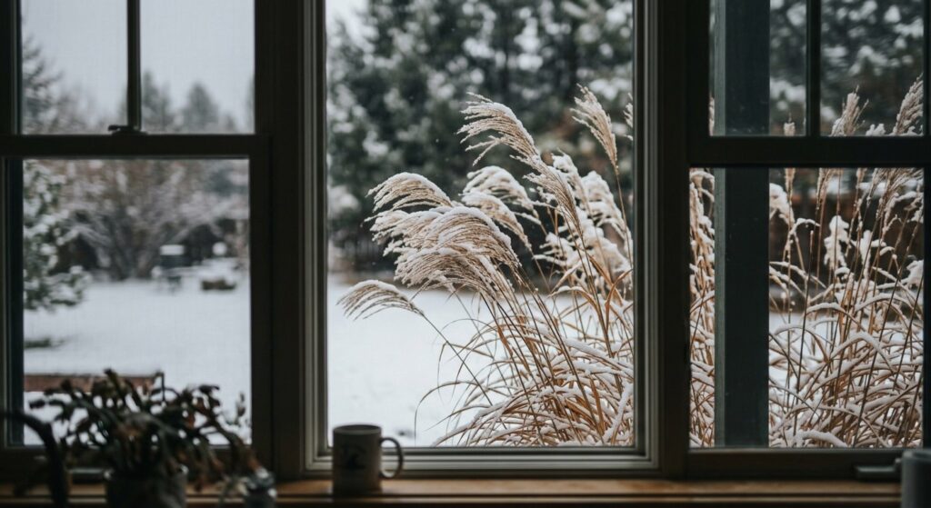 Snow-dusted ornamental grasses seen through a kitchen window in a Durango garden.