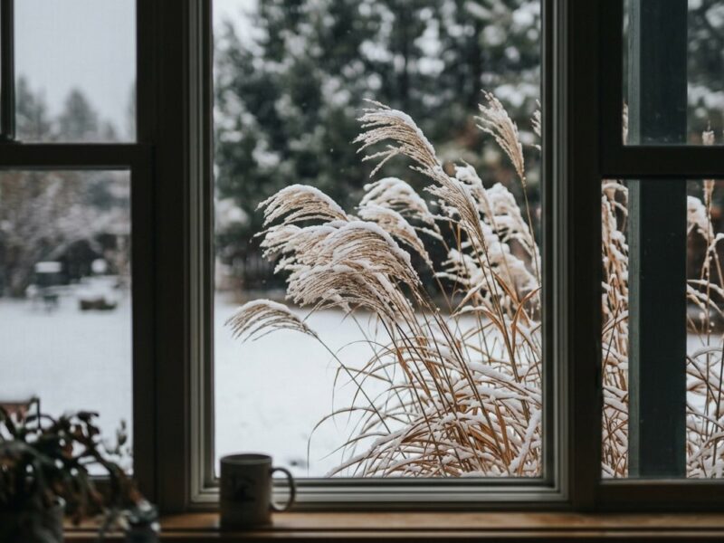 Snow-dusted ornamental grasses seen through a kitchen window in a Durango garden.
