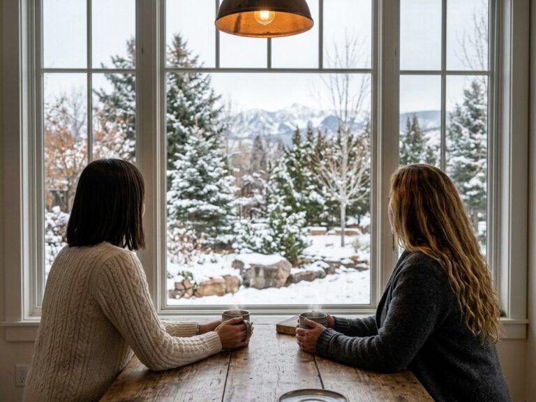 Two women drinking coffee whilst overlooking a wintery landscape in Durango, Co