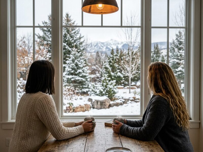 Two women drinking coffee whilst overlooking a wintery landscape in Durango, Co
