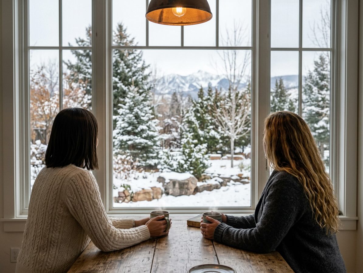 Two women drinking coffee whilst overlooking a wintery landscape in Durango, Co